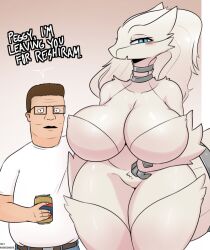 berkthejerk blue_eyes blush crossover dragon dragon_girl dragoness eastern_and_western_character female female_dragon female_focus female_pokemon fluffy fluffy_tail generation_5_pokemon hank_hill huge_breasts human_on_pokemon king_of_the_hill legendary_pokémon meme nintendo pokémon_(species) pokemon pokemon_bw reshiram thick thick_thighs weird_crossover white_fur white_hair