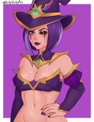 1girls bewitching_leblanc cum cum_on_breasts cum_on_eye cum_on_face facial female female_only harrowing_series league_of_legends leblanc light-skinned_female light_skin one_eye_closed purple_hair tales_from_the_rift_series vickytoria