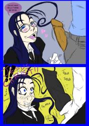 ! 1boy 1girls bedroom_eyes blue_eyes blue_hair bluefoxlover canine_penis cock_shock comic_panel female female_focus glasses heart hellsing hellsing_ultimate long_hair penis penis_awe rip_van_winkle sharp_teeth simple_background simple_shading sketch surprised tagme text transformation unseen_male_face vampire vampire_girl werewolf