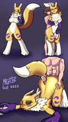 absurd_res anthro ass bandai_namco blush blush_lines breast_grab breasts canid canine digimon digimon_(species) doggy_style eyeless_male female fox hand_on_breast hand_on_butt hi_res human human_on_anthro interspecies male male/female male_human/female_anthro male_on_anthro mammal nervous_smile nickofthebra paws presenting raised_tail renamon shaking_butt solo tail_grab