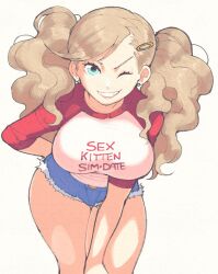 ann_takamaki atlus booty_shorts breasts clothed clothes_writing clothing denim_shorts earrings female inkerton-kun inkuusan jean_shorts light-skinned_female pale-skinned_female persona persona_5 pigtails short_shorts shorts smile solo solo_female text_on_clothing text_on_shirt thighs wink