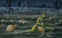 absurd_res amphibian anthro anus balls bitterstrawberries bodily_fluids branch cemetery cum cum_inside duo fence fog food food_fetish frog fruit genital_fluids genitals grass halloween halloween_2022 hi_res holidays lewis_resmond lizard male male/male membrane_(anatomy) monitor_lizard original_character penis plant pumpkin pumpkin_patch reptile scalie sex tree webbed_feet