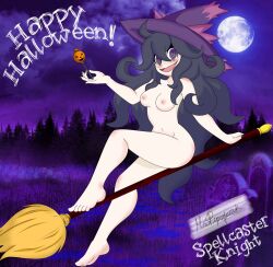 . barefoot crazy_eyes feet halloween hex_maniac lolipop long_hair mismagius ms._pipsqueak pin_up pinup pinup_(style) pinup_pose pokemon pokemon_(species) smile solo solo_female solo_focus spellcaster_knight witch_hat