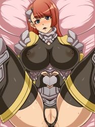 1girls armor black_legwear blue_eyes blush brown_hair female female_knight female_only hands_making_heart heart_shape light-skinned_female long_hair looking_at_viewer love loving_gaze mature_female nicchi_sangyou nipples_visible_through_clothing on_bed open_mouth original original_character presenting_pussy pussy pussy_juice see-through_clothing thick_thighs thighs