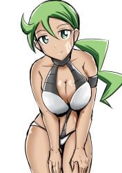 . big_breasts bikini breasts cleavage creatures_(company) dark_skin female game_freak green_hair highres ihara_shigekatsu long_hair looking_at_viewer mitsumi_(pokemon) nintendo pokemon pokemon_(game) pokemon_(manga) pokemon_dp_(manga) pokemon_dpa pokemon_dppt ponytail shiny_skin solo swimsuit tagme tan_body team_galactic team_galactic_uniform thick_thighs thighs tight_bikini wide_hips