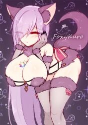 big_boobs big_breast big_breasts blush blushing closed_eyes dirtykuro eyes_closed eyess_closed fake_animal_ear fake_animal_ears fake_animal_tail fake_tail foxykuro kuro_(foxykuro) large_breast large_breasts long_hair long_purple_hair mash_kyrielight_(cosplay) mash_kyrielight_(dangerous_beast)_(cosplay) purple_hair