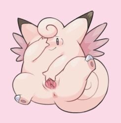 blush clefable dripping embarrassed female generation_1_pokemon genitals nintendo on_model one_eye_obstructed pokemon pokemon_(species) presenting presenting_pussy pussy raised_leg shy simple_background solo solo_focus spread_legs spread_pussy spreading unknown_artist video_games