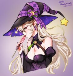 1girls alternate_costume artist_name bare_shoulders breasts candy cleavage corrin_(female)_(fire_emblem) corrin_(female)_(halloween)_(fire_emblem) corrin_(fire_emblem) corrin_(fire_emblem)_(female) crescent crescent_hat_ornament dated earrings eating english_commentary female female_only fire_emblem fire_emblem_fates fire_emblem_heroes food halloween halloween_costume hat hat_ornament hat_ribbon holding holding_candy holding_food holding_lollipop licking lollipop long_hair looking_at_viewer medium_breasts minacream nintendo official_alternate_costume pointy_ears purple_nails purple_ribbon red_eyes ribbon seductive solo star_(symbol) star_hat_ornament tongue tongue_out upper_body white_hair witch witch_hat