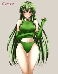 1girls bare_legs bare_shoulders breasts buruma commission crop_top elbow_gloves erinys_(fire_emblem) female female_only fingerless_gloves fire_emblem fire_emblem:_genealogy_of_the_holy_war fire_emblem_heroes gloves green_buruma green_eyes green_gloves green_hair green_shirt groin highres long_hair navel nervous nervous_smile nintendo pixiv_request shirt sleeveless sleeveless_shirt smile solo sweatdrop tearing_up very_long_hair wavy_mouth yozu_(yozu0420)