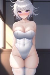 abs ai_generated bedroom blush cleavage daytime female female_only leotard light_purple_eyes nai_diffusion original_character short_hair silver_hair stable_diffusion thighhighs window