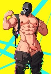 1boy abs bara black_pants clothes_pull cum ejaculation erection gas_mask highres large_pectorals male_focus male_only mask muscular_male mute_(rainbow_six) navel nipples open_pants pants pants_pull pectorals penis rainbow_six rainbow_six_siege sedo sedo_(usingincognito) solo tom_clancy usingincognito