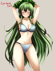 1girls arms_up bare_legs bare_shoulders blush bra breasts cleavage closed_eyes clothes_lift erinys_(fire_emblem) female female_only fire_emblem fire_emblem:_genealogy_of_the_holy_war fire_emblem_heroes green_hair green_shirt highres lifted_by_self long_hair medium_breasts navel nintendo panties shirt shirt_lift solo underwear underwear_only undressing very_long_hair white_bra white_panties yozu_(yozu0420)