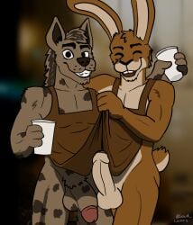 2boys anthro apron apron_only balls ballsack beverage body_fur brown_fur cafe circumcised clothed clothing clothing_lift coffee container cup duo erection foreskin fur genitals hi_res hyaenid intact lagomorph leporid lewd_latte male male/male male_only male_pubic_hair mammal mostly_nude original_characters partially_retracted_foreskin penis penis_out rabbit scrotum shirt shirt_lift smooth_penis testicles topwear uncut