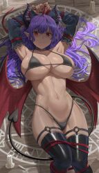 1girls arms_up bikini black_bikini breasts demon demon_girl female horns huge_breasts long_hair lying_on_back navel oc original original_character pointy_ears purple_hair red_eyes silvertsuki succubus wings