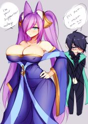 aphelios big_boobs big_breast big_breasts blue_eyes blush breasts dirtykuro foxykuro kuro_(foxykuro) large_breast large_breasts league_of_legends long_hair long_purple_hair purple_hair sona_buvelle_(cosplay) speech_bubble twintails twintails_(hairstyle)