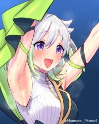 1girls armpit armpit_fetish armpit_focus armpits arms_up blush blushing female female_only medium_breasts momomo_momo4 purple_eyes solo solo_female sweat sweat_stain sweating sweaty_armpits virtual_youtuber white_hair yoshiwa_tomo yuni_(yuni_channel) yuni_channel