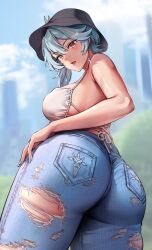 1girls ass ass_focus ass_shot back back_view bikini bikini_top blue_hair breasts bubble_butt eula_(genshin_impact) female foxy_rain_(foxyreine) foxyrain_(foxyreine) foxyreine genshin_impact hat huge_ass jeans large_breasts long_hair looking_at_viewer solo_female