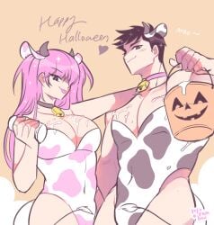 1boy 1girls 2022 arm_on_shoulder both_sexes_in_same_situation boyfriends_(webtoon) breasts cow_boy cow_ears cow_girl cow_print female girlfriend halloween halloween_2022 halloween_costume hand_over_shoulder holding_bottle holding_object jock jock_girlfriend kevin_(boyfriends) looking_at_viewer low-angle_view male male_and_female_focus milk milk_bottle moobs one-piece_swimsuit refrainbow suggestive_fluid sussy webtoon