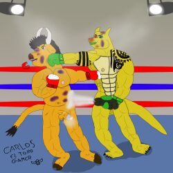 anthro azzy_the_snek bara boxing boxing_gloves bull knocked_out mouthguard