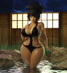 3d big_breasts breasts cleavage cursedmadara female female_only hot_spring kunoichi mitarashi_anko naruto naruto_(series) naruto_shippuden ninja one-piece_swimsuit onsen partially_submerged purple_hair revealing_swimsuit solo swimsuit voluptuous water wide_hips