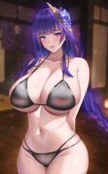 1girls bikini breasts female genshin_impact hips huge_breasts light-skinned_female light_skin ling_ayi_(artist) long_hair purple_eyes purple_hair raiden_shogun thick_thighs thighs wide_hips