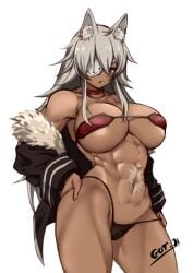 1girls abs alternate_version_available animal_ears athletic_female big_breasts bottomwear breasts eyepatch female female_only ghislaine_dedoldia gojich1 grey_hair hair hand_on_hip huge_breasts jacket kemonomimi long_hair muscles muscular muscular_female mushoku_tensei neckwear one_eye_obstructed solo solo_female thick_thighs thighs topwear