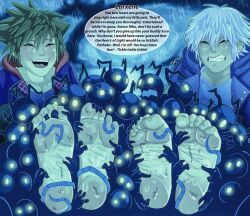 2boys barefoot big_feet collaredkid feet foot_fetish foot_focus heartless kingdom_hearts kingdom_hearts_iii licking_feet male_feet male_foot_fetish male_only restrained riku riku_(kingdom_hearts) sora speech_bubble tickle_fetish tickle_torture tickling tickling_feet