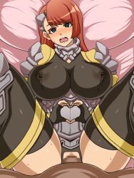 1girls armor black_legwear blue_eyes blush brown_hair female female_knight female_only hands_making_heart heart-shaped_pupils heart_shape lactation lactation_through_clothes light-skinned_female long_hair looking_at_viewer love loving_gaze mature_female nicchi_sangyou nipples_visible_through_clothing on_bed open_mouth original original_character presenting_pussy pussy pussy_juice see-through_clothing sex thick_thighs thighhighs thighs vaginal_penetration