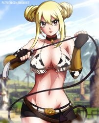 1girls blonde_hair bra breasts cow_print double_bun fairy_tail hair_bun highres huge_breasts looking_at_viewer lucy_heartfilia navel nipple_bulge rakara11 shorts solo_focus standing sweat weapon whip yellow_eyes