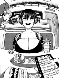 1girls big_breasts black_and_white black_hair breasts breasts_on_table burger busty dark_hair dinner_date drink earring earrings female female_only food freckles freckles_on_chest huge_breasts in-and-out large_breasts milf piercing piercings pov ryona_(tomboy_sama) scar scar_on_face scarred scarred_face scars scars_on_face short_hair tagme thick tomboy tomboy_sama yakuza_boss yakuza_girl