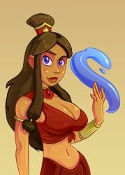 1girls alternate_breast_size avatar_the_last_airbender belly blue_eyes busty cleavage clothing dark-skinned_female dark_skin eyebrow_raise female fire_nation_clothing hagfish katara large_breasts lipstick looking_at_viewer midriff solo thick_lips thin_waist tummy water water_tribe waterbending