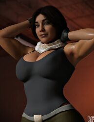 1girls 3d armpits big_breasts brown_hair call_of_duty call_of_duty_modern_warfare_2_(2022) cleavage green_eyes hazel_eyes rude_frog solo tan-skinned_female tan_body tan_skin tan_skinned_female tattoo valeria_garza