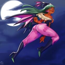 1girls aqua_eyes ass bangs bat_print blunt_bangs capcom chel clothing cosplay dark-skinned_female dark_skin darkstalkers demon_wings earrings eymbee female female_only full_moon green_hair halloween head_wings heel_boots leotard long_hair looking_at_viewer medium_breasts morrigan_aensland_(cosplay) pantyhose pink_pantyhose side_view sky_background smiling_at_viewer solo the_road_to_el_dorado thick_thighs wings