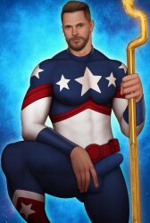 actor arrowverse beard bulge celebrity clothed cosmic_staff drawnpr0n erection_under_clothes joel_mchale leg_up looking_at_viewer male male_only muscles muscular muscular_male stargirl_(tv_series) starman superhero sylvester_pemberton