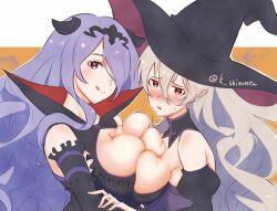 2girls alternate_costume big_breasts blush camilla_(fire_emblem) corrin_(female)_(halloween)_(fire_emblem) corrin_(fire_emblem) corrin_(fire_emblem)_(female) female female_only fire_emblem fire_emblem_fates fire_emblem_heroes halloween halloween_costume karashino large_breasts looking_at_viewer medium_breasts nintendo official_alternate_costume purple_hair red_eyes siblings sisters white_hair witch witch_costume witch_hat