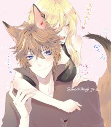 1boy 1girls animal_ears animal_tail blonde_hair blue_eyes breast_press breasts_pressed_against_partner childe_(genshin_impact) closed_eyes clothed female fox_boy fox_ears fox_tail genshin_impact ginger halloween heart hugging hugging_from_behind japanese_text lumine_(genshin_impact) male male_focus mochihagi_gusu_(artist) open_mouth straight tail tartaglia_(genshin_impact)