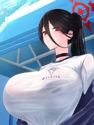 absurdres bangs black_hair blue_archive blush bra breasts choker cleavage clothes_writing female fully_clothed gym_uniform hair_between_eyes halo hasumi_(blue_archive) hasumi_(gym_uniform)_(blue_archive) highres huge_breasts jacket justice_task_force_(blue_archive) long_hair looking_at_viewer mole mole_under_eye official_alternate_costume onuj2$ open_clothes open_jacket parted_lips red_eyes see-through see-through_shirt shirt sign solo stairs sweat trinity_general_school_logo_(blue_archive) trinity_general_school_student underwear upper_body white_shirt