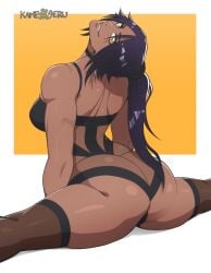 ass black_legwear bleach blender brown_eyes dark-skinned_female female flexible kameseru long_hair looking_at_viewer looking_back ponytail purple_hair shihouin_yoruichi solo toned_female