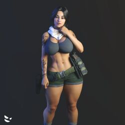 1girls 3d abs big_breasts black_hair brown_eyes call_of_duty call_of_duty_modern_warfare_2_(2022) cleavage fit fit_female gm_studios midriff short_shorts shorts solo tan-skinned_female tan_body tan_skin tan_skinned_female tattoo thick_thighs valeria_garza wide_hips