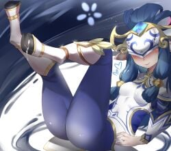 absurdres aojiao_bingmo_tu ass blue_hair blue_pantyhose blue_shirt blush breasts closed_mouth cum cum_on_body cum_on_feet eye_mask female from_side gem grey_background heart highres hooves kindred lamb_(league_of_legends) league_of_legends legs_up long_hair long_sleeves mask medium_breasts pantyhose porcelain_kindred shirt smile solo white_background white_shirt