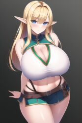 1girls ai_generated arms_behind_back bangs bare_midriff belt big_breasts blonde_hair blue_eyes breasts busty cleavage cleavage_cutout clothed cropped_legs curvy deep_cleavage elf elf_ears female female_only front_view gradient_background green_skirt grey_background highleg highleg_panties hourglass_figure leather_belt light-skinned_female light_skin long_hair love_handles midriff miniskirt nai_diffusion original pointy_chin pointy_ears skindentation solo solo_female solo_focus stable_diffusion standing thunder_thighs whale_tail