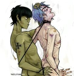 2boys 2d_(gorillaz) bite_mark bite_marks bleeding blood bruise bruised claw_marks collar from_behind gay gorillaz hickey leash leash_and_collar leash_pull male_only murdoc_niccals nosebleed reverse_ryona ribs rough_sex scratches skinny yaoi