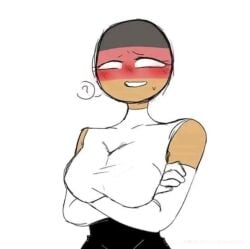 black_shorts blush breasts clothed countryhumans countryhumans_girl germany germany_(countryhumans) question_mark white_shirt