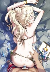 1boy admiral_(kantai_collection) alternate_hairstyle ass backboob bag bar_censor bikini bikini_aside blonde_hair breasts brown_bikini censored clothing_aside condom condom_on_penis earrings female french_text from_above hair_up jewelry kantai_collection large_breasts long_hair looking_back male_pubic_hair open_mouth partial_male penis pov pubic_hair richelieu_(kantai_collection) sameha_ikuya sandals sex sex_from_behind small_penis speech_bubble standing standing_sex straight striped striped_bikini stud_earrings swimsuit torso_grab two-tone_bikini used_condom vaginal_penetration white_bikini