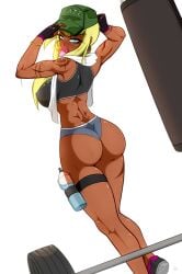 1girls ass barbell blonde_hair breasts brunet fatelogic fitness hat leona_prahyad muscular_female solo tattoo water water_bottle