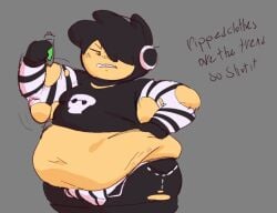 1boy big_belly black_clothes black_shorts chubby chubby_male dialogue expansion fat fat_arms fat_belly fat_folds fat_man fat_rolls flask fruitgremlin gloves goth goth_boy goth_clothing green_liquid grumpy hanging_belly hat headphones holding_flask leon_(scribblenauts) male male_boobs male_only moobs obese obese_male overweight overweight_male ripped_clothing rooster_helmet scribblenauts shorts sketch skull_shirt solo striped_clothing striped_sleeves stripes text weight_gain