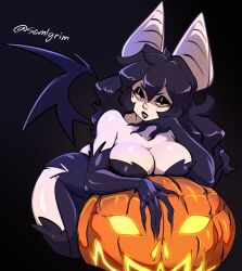 1girls anthro bat bat_ears bat_wings bent_over big_breasts black_background black_hair black_lipstick breast_press chiropteran dress eva_(sem-l-grim) eyeshadow female female_only halloween hi_res jack-o'-lantern leaning_on_elbow long_hair looking_at_viewer mole mole_under_eye narrowed_eyes pumpkin sem-l-grim sharp_fingernails solo white_body wings