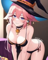 1girls ai_generated bent_over bikini blue_eyes breasts cleavage female genshin_impact halloween hat kawaii_xgirl light-skinned_female light_skin looking_at_viewer pink_hair smile witch_hat yae_miko