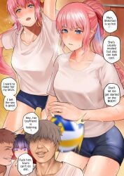 1girls 3boys avacyn_(artist) blue_eyes boyfriend-girlfriend breasts comic english_text female grin kawaii_dake_ja_nai_shikimori-san male netorare ntr pervert pink_hair ponytail shikimori_micchon shirt shorts smile sportswear sweat teeth volleyball