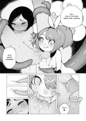 2girls arm_grab arms_behind_back black_and_white blush bob_cut breasts clitoris closed_eyes comic comic_page dark_skin elbow_gloves erect_nipples female female_focus gloves hips hourglass_figure hse labia medium_breasts navel nipples nude original_character original_characters plant puffy_nipples pussy pussy_juice pussy_juice_trail questionable_consent restrained sex shaved_pussy short_hair sideboob soft soft_shading spread_legs tan tentacle text thighs underboob yuri